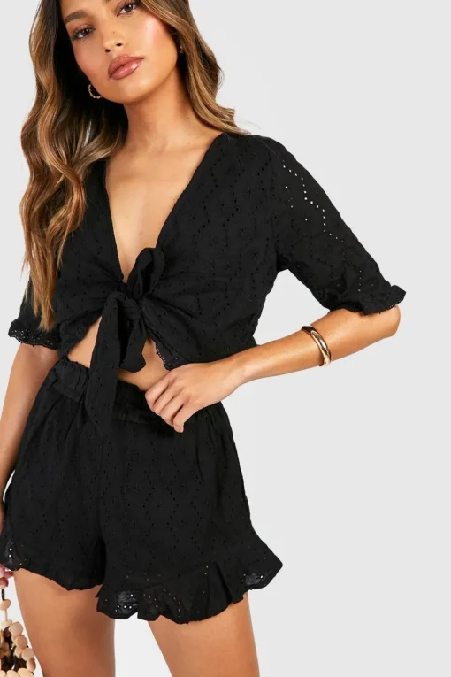 Broderie Knot Top & Ruffle Hem Shorts | Nasty Gal