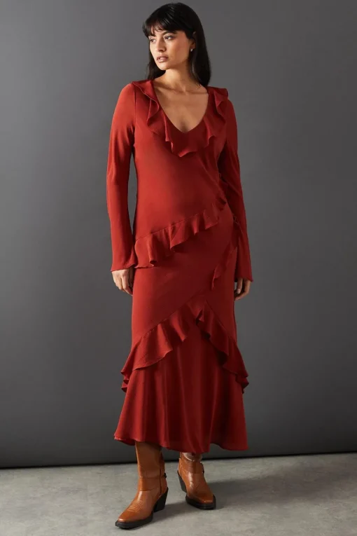 Chiffon Ruffle Seam V Neck Midi Dress | Nasty Gal