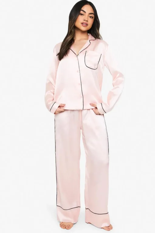 Contrast Piping Satin Long Sleeve Shirt & Trousers Pyjama Set | Nasty Gal