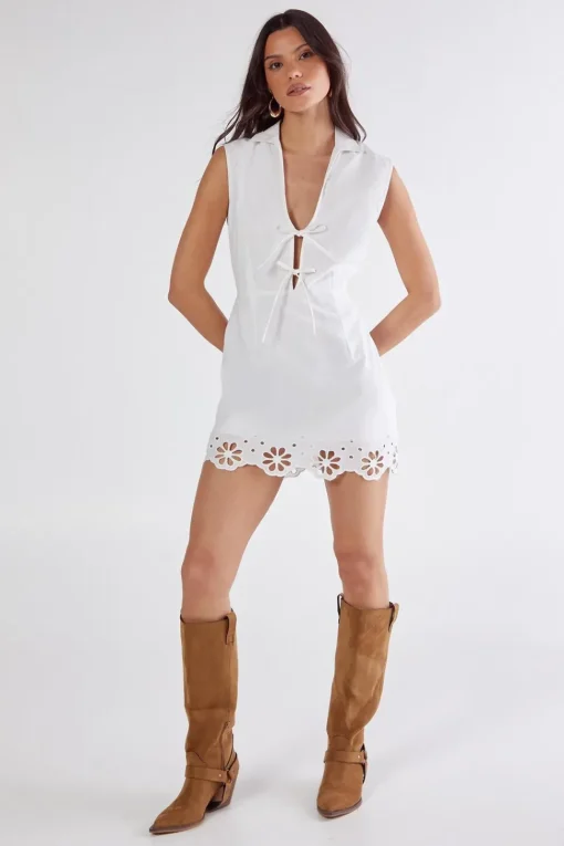 Cotton Collared Tie Front Floral Cutwork Mini Dress | Nasty Gal