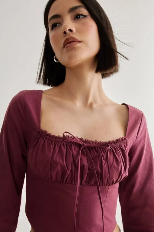 Cotton Lace Trim Lace Up Back Long Sleeve Corset Top | Nasty Gal