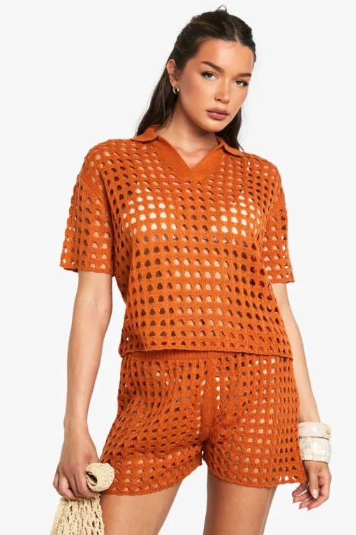 Crochet Oversized Shirt and Knitted Short Set | Nasty Gal