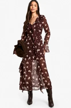 Dark Floral Ruffle Midaxi Dress | Nasty Gal