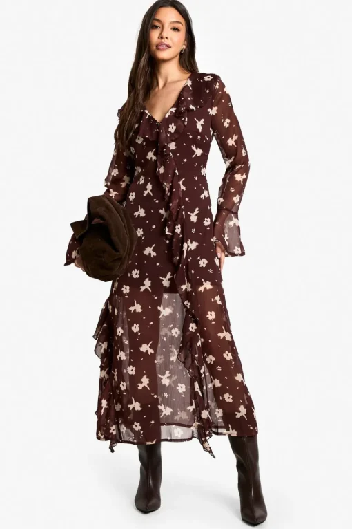 Dark Floral Ruffle Midaxi Dress | Nasty Gal