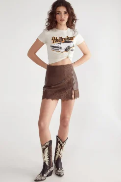 Eyelash Lace Trim Detail Faux Leather Mini Skirt | Nasty Gal