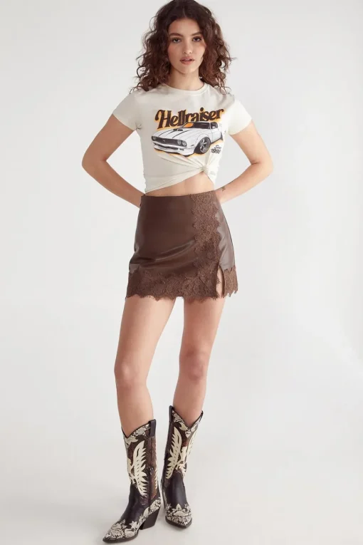 Eyelash Lace Trim Detail Faux Leather Mini Skirt | Nasty Gal