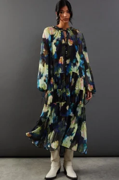 Floral Chiffon Button Tier Smock Midi Dress | Nasty Gal