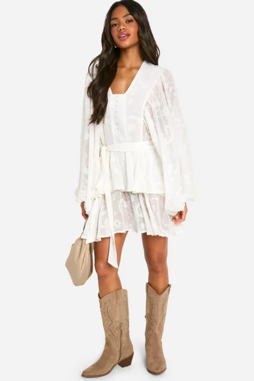 Floral Jacquard Tiered Belted Skater Dress | Nasty Gal