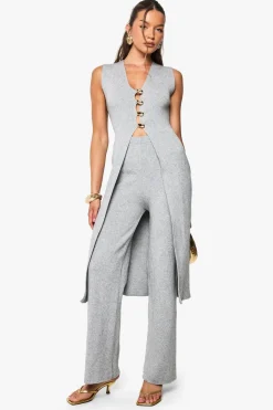 Gold Button Detail Longline Knitted Waistcoat and Wide Leg Trouser Co-Ord | Nasty Gal