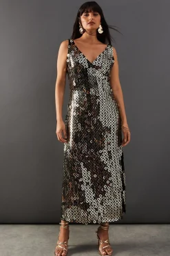 Hand Embellished Disk Sequin High Apex Midi Dress | Nasty Gal