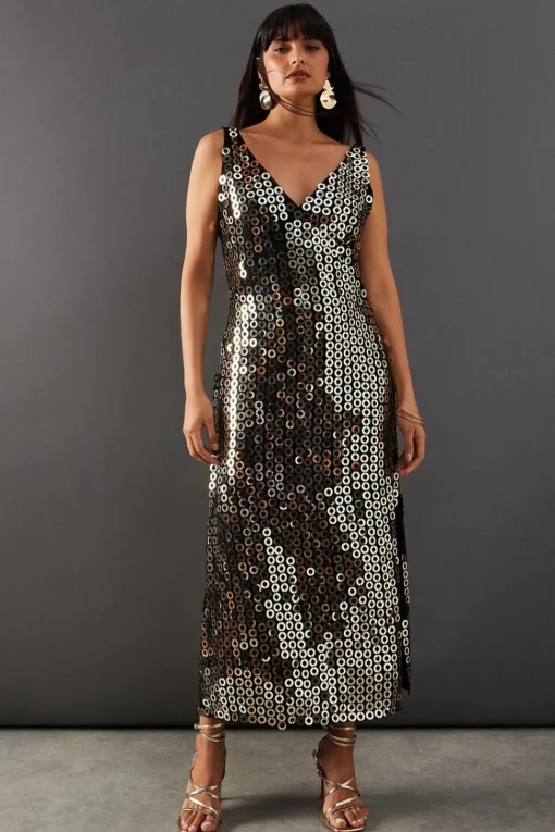 Hand Embellished Disk Sequin High Apex Midi Dress | Nasty Gal