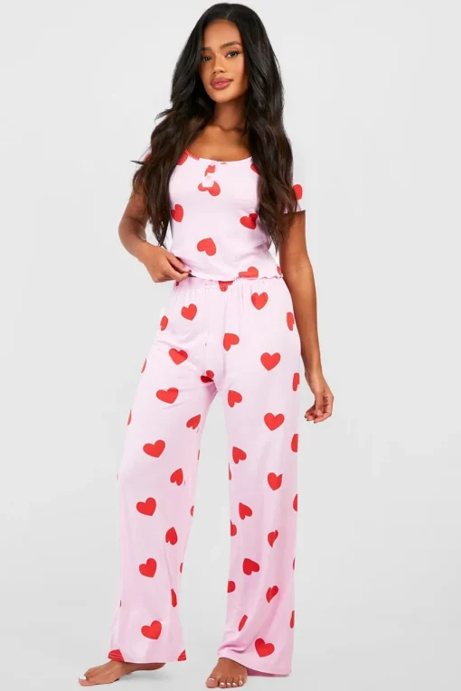 Heart Print Button Front Cami Top & Trousers Pyjama Set | Nasty Gal
