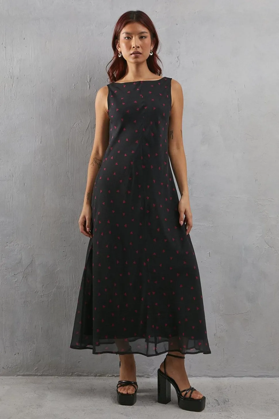 Heart Print Chiffon Slash Neck Bias Sleeveless Midi Dress | Nasty Gal