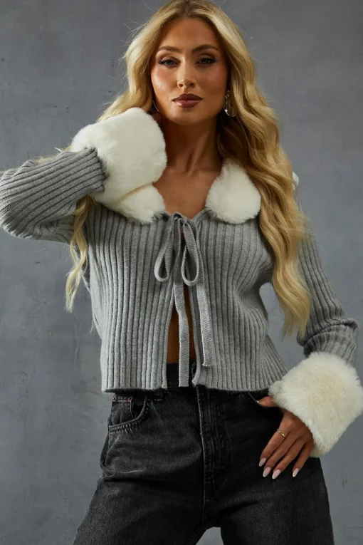 Knitted Rib Fur Trim Tie Detail Front Jumper | Nasty Gal