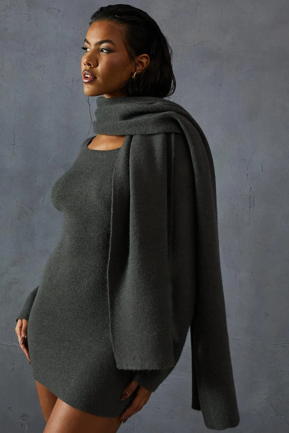 Knitted Slash Neck Scarf Detail Mini Dress | Nasty Gal