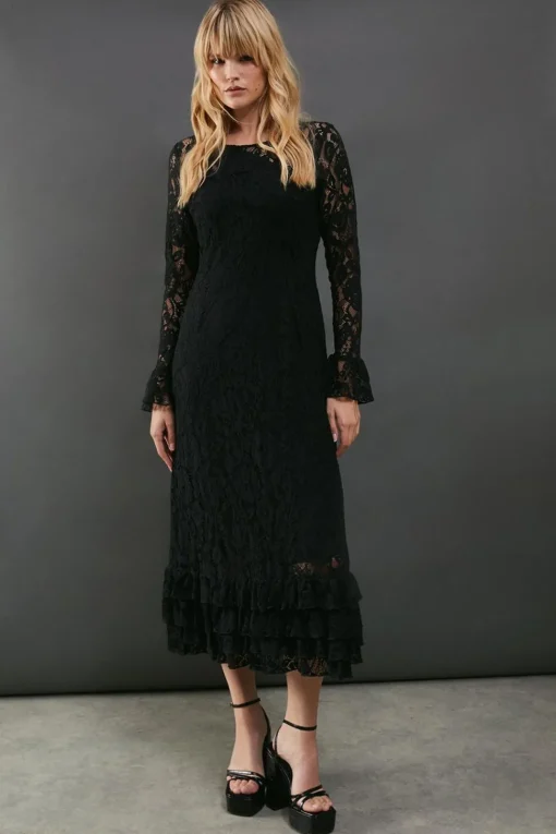 Lace Tiered Ruffle Midaxi Dress | Nasty Gal