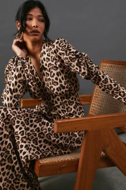Leopard Viscose V Neck Long Puff Sleeve Midi Dress | Nasty Gal