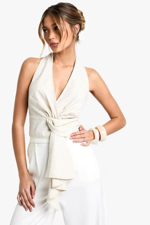 Linen Halter Neck Knot Front Top | Nasty Gal
