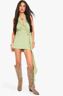 Linen Look Drape Cowl Wrap Mini Dress | Nasty Gal