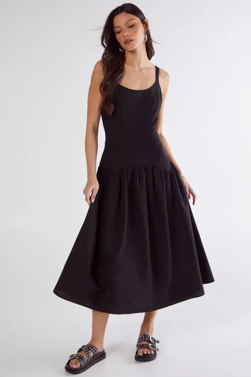 Linen Mix Drop Waist Seamed Midi Dress | Nasty Gal