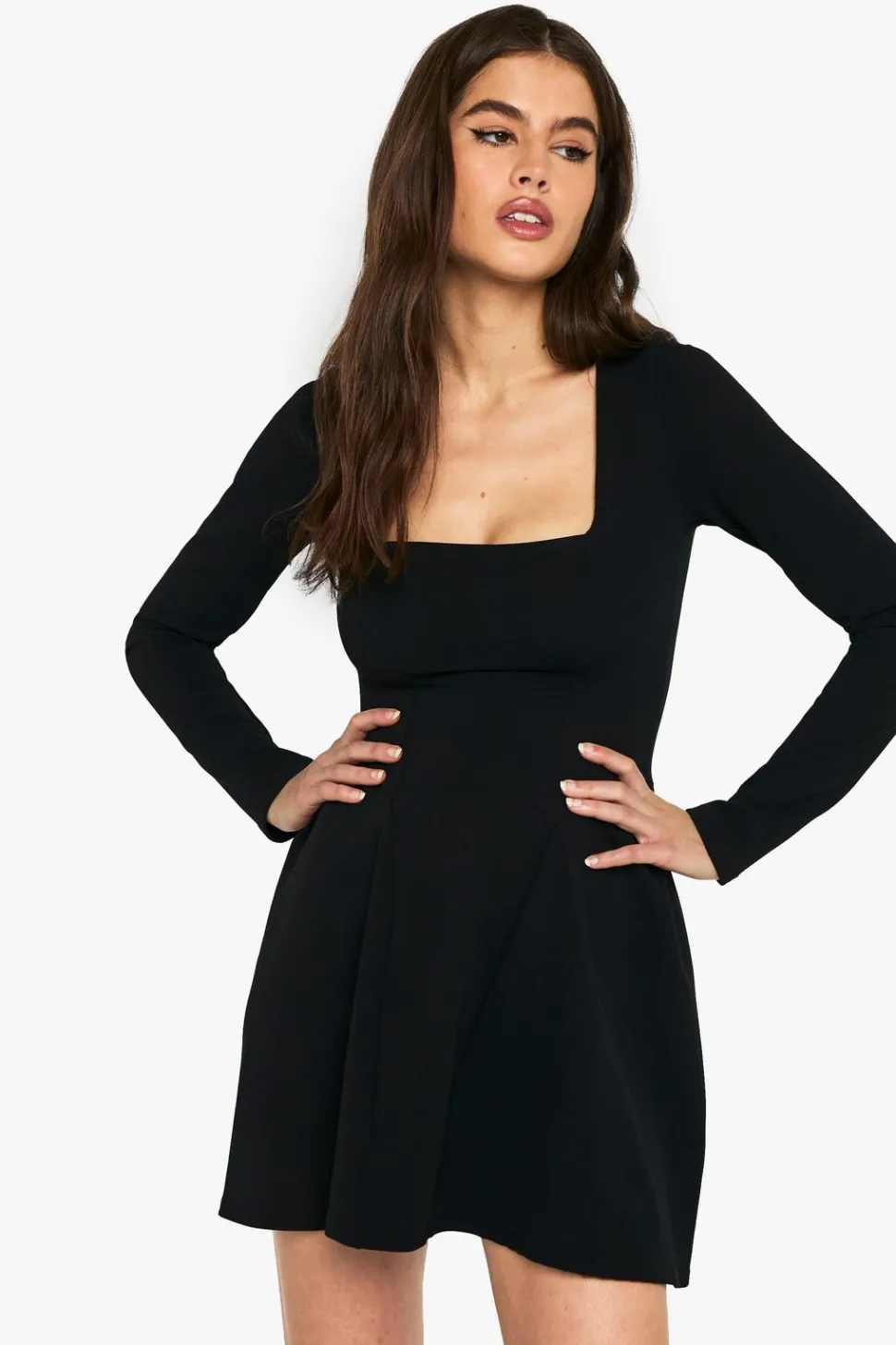 Long Sleeve Square Neck Full Skirt Mini Dress | Nasty Gal