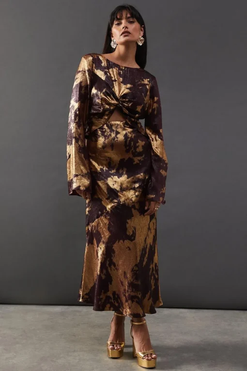 Metallic Marble Twist Front Bias Midi Dress | Nasty Gal