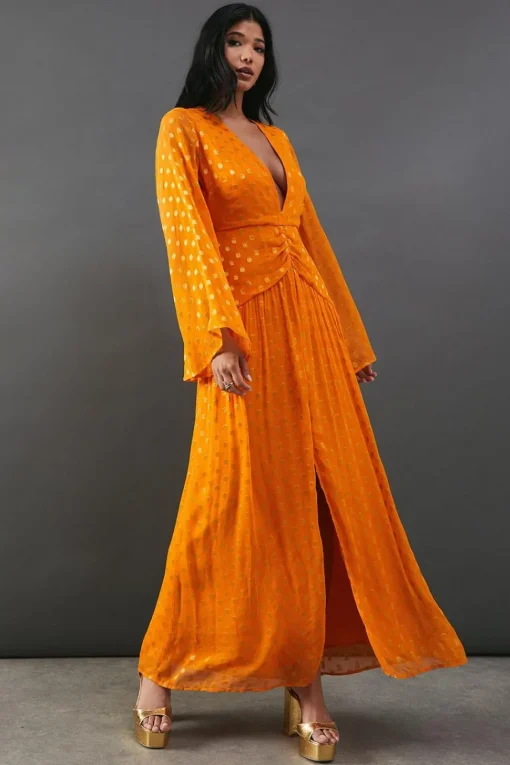 Metallic V Plunge Kimono Sleeve Maxi Dress | Nasty Gal