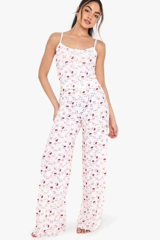 Mixed Bow & Cherry Print Cami & Wide Leg Trousers Pyjama Set | Nasty Gal