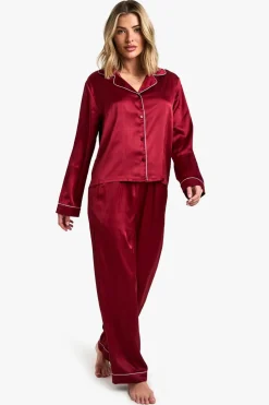 Petite Satin Piping Detail Long Sleeve Shirt & Trousers Pyjama Set | Nasty Gal