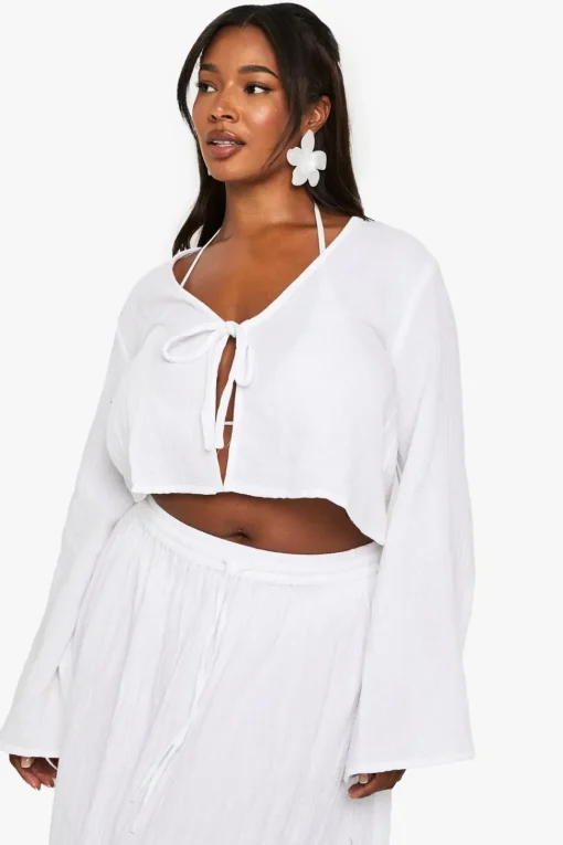 Plus Cheesecloth Long Sleeve Tie Front Top | Nasty Gal