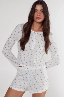 Pointelle Ditsy Floral Long Sleeve Top and Short Pajama Set | Nasty Gal