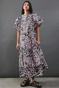 Poplin Leopard Print Volume Sleeve Scallop Detail Smock Dress | Nasty Gal