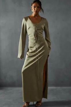 Premium Satin Tie Front Long Sleeve Maxi Dress | Nasty Gal