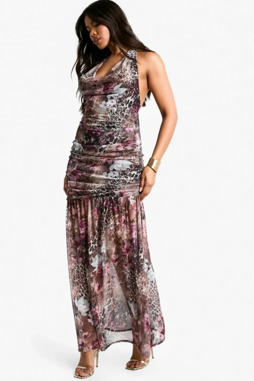 Printed Mesh Halterneck Ruched Maxi Dress | Nasty Gal