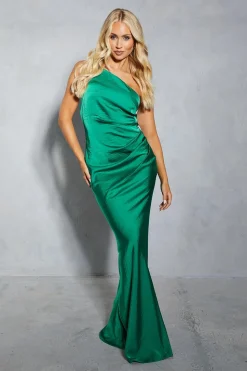 Satin Asymmetric Strap Pleated Waist Low Back Maxi Dress | Nasty Gal