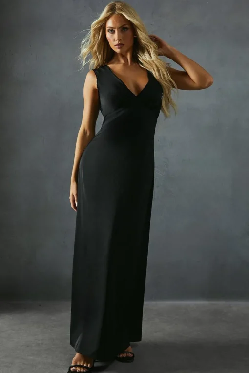 Satin Lace Trim Tie Detail Maxi Dress | Nasty Gal