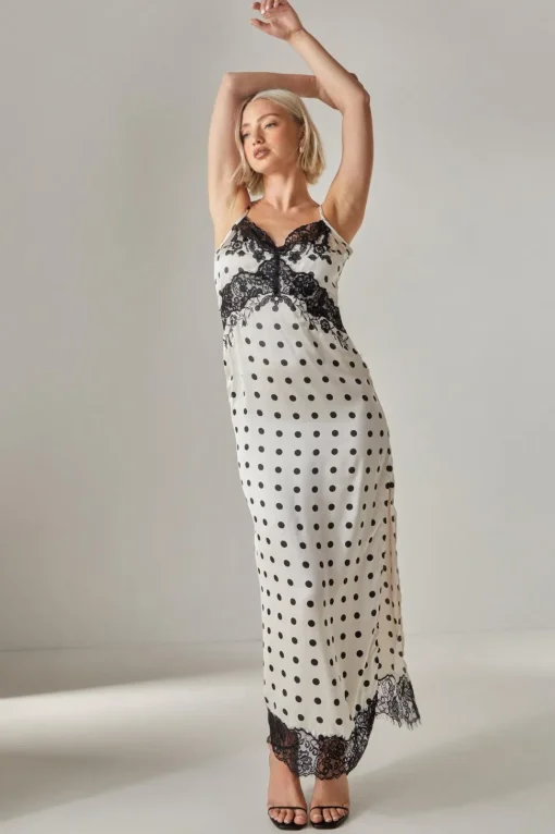 Satin Polka Dot Lace Trim Maxi Dress | Nasty Gal