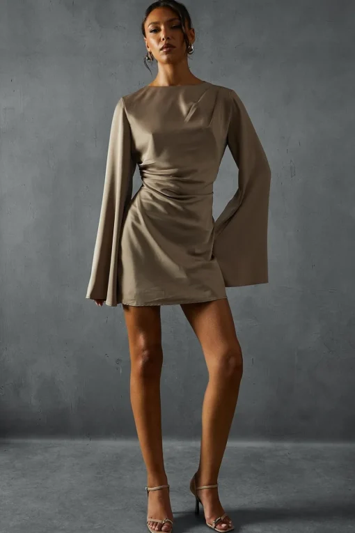 SatinSlash Neck CinchedWaist Flare Sleeve MiniDress | Nasty Gal