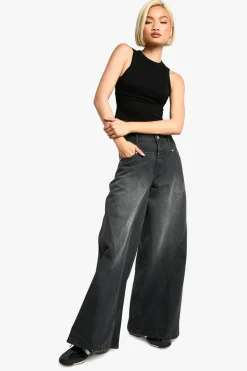 Seam Detail Washed Black Wide Leg Denim Jean | Nasty Gal