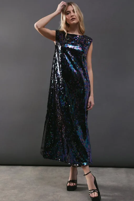 Sequin Shoulder Pad Sleeveless Midi Dress | Nasty Gal