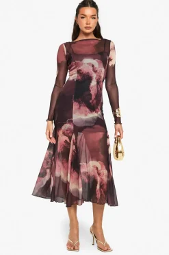 Slash Neck Floral Mesh Print Godet Hem Midaxi Dress | Nasty Gal