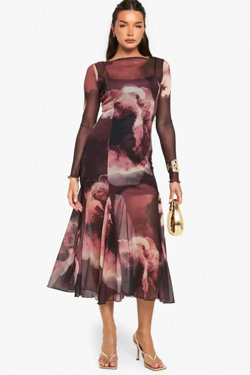 Slash Neck Floral Mesh Print Godet Hem Midaxi Dress | Nasty Gal