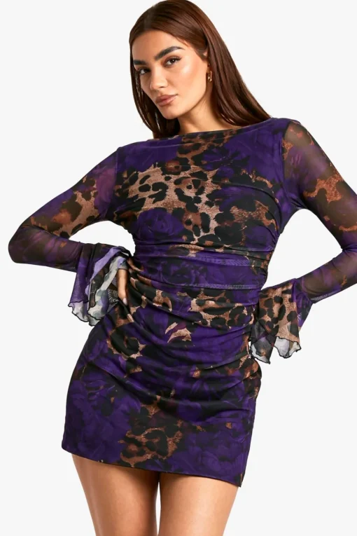 Slash Neck Mixed Leopard Print Flare Sleeve Mini Dress | Nasty Gal