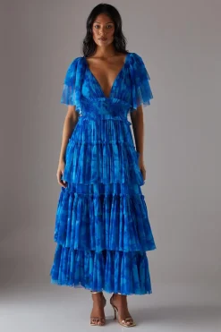 Tulle Floral Plunge Neck Flutter Sleeve Tier Maxi Dress | Nasty Gal