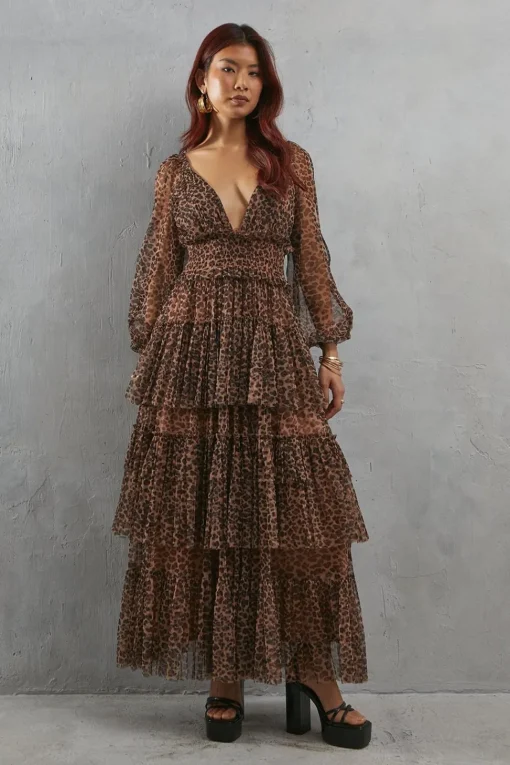 Tulle Leopard Print Plunge Neck Long Sleeve Tier Maxi Dress | Nasty Gal