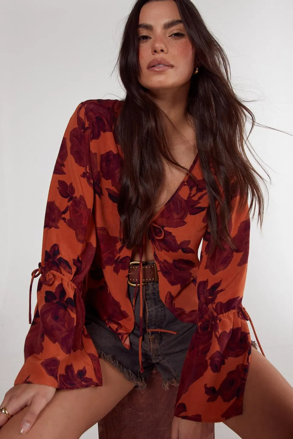 Vintage Floral Tie Detail Fluted Sleeve Top | Nasty Gal